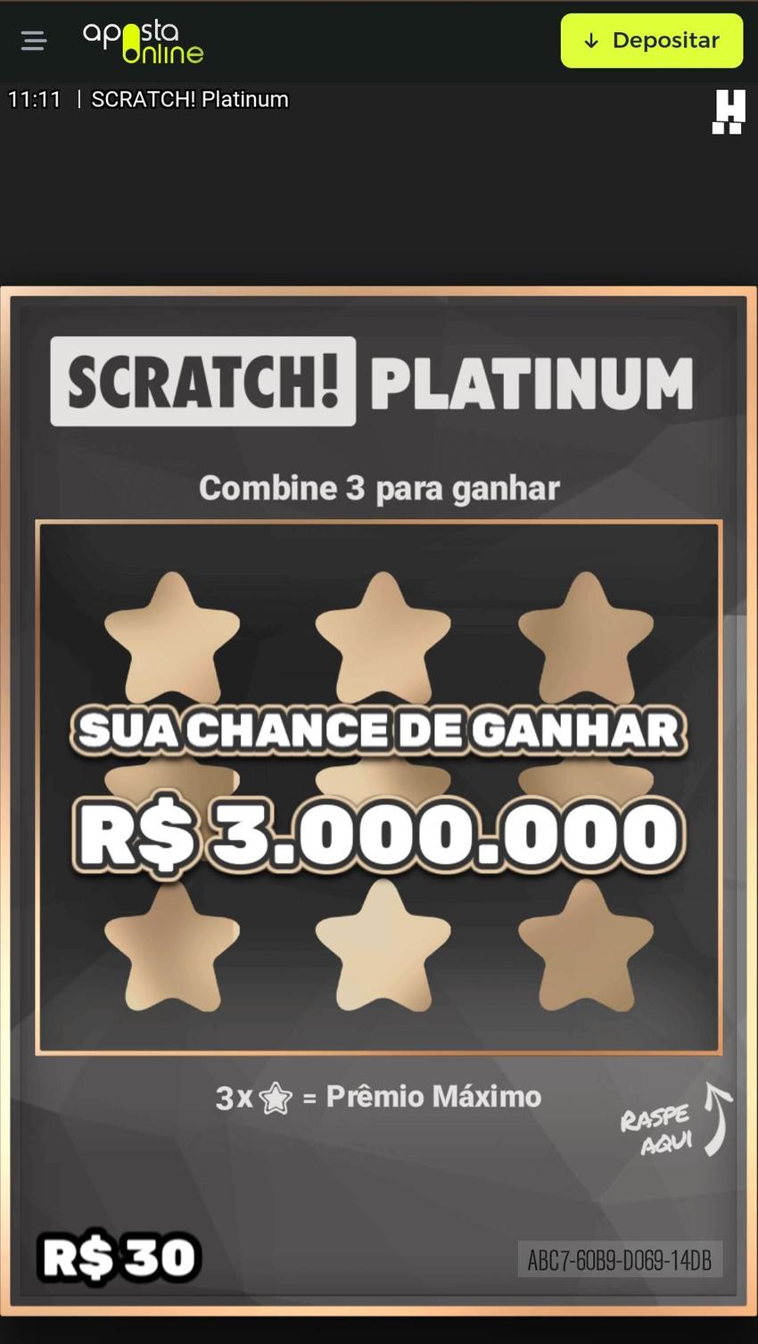 Captura de tela da raspadinha online Scratch Platinum, que paga até R$3 milhões na Aposta Online.