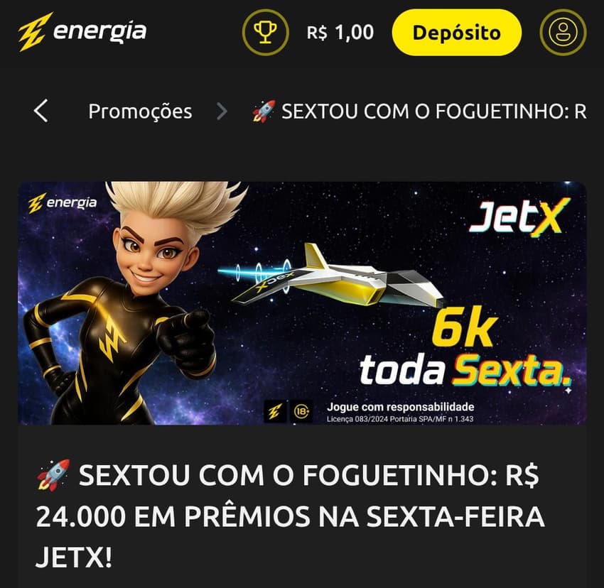 Captura de tela do bônus Sextou com o Jogo do Foguetinho na Energiabet.