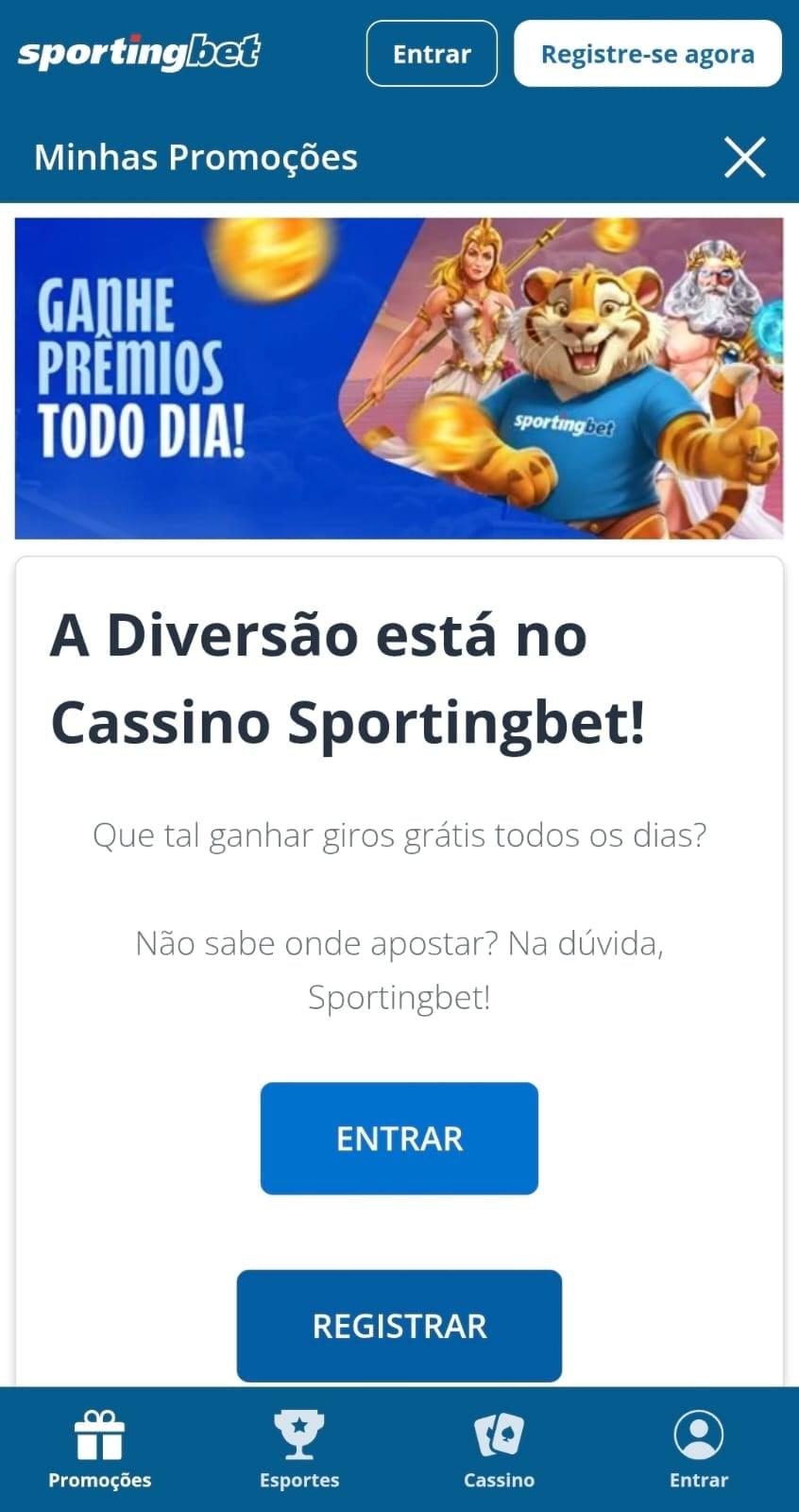 Captura de tela da Sportingbet exibindo a promoção Ganhe Prêmio Todo Dia no cassino.