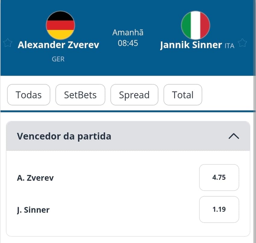 Captura de tela de um jogo de tênis na Sportingbet com as odds ativas para o mercado Moneyline.