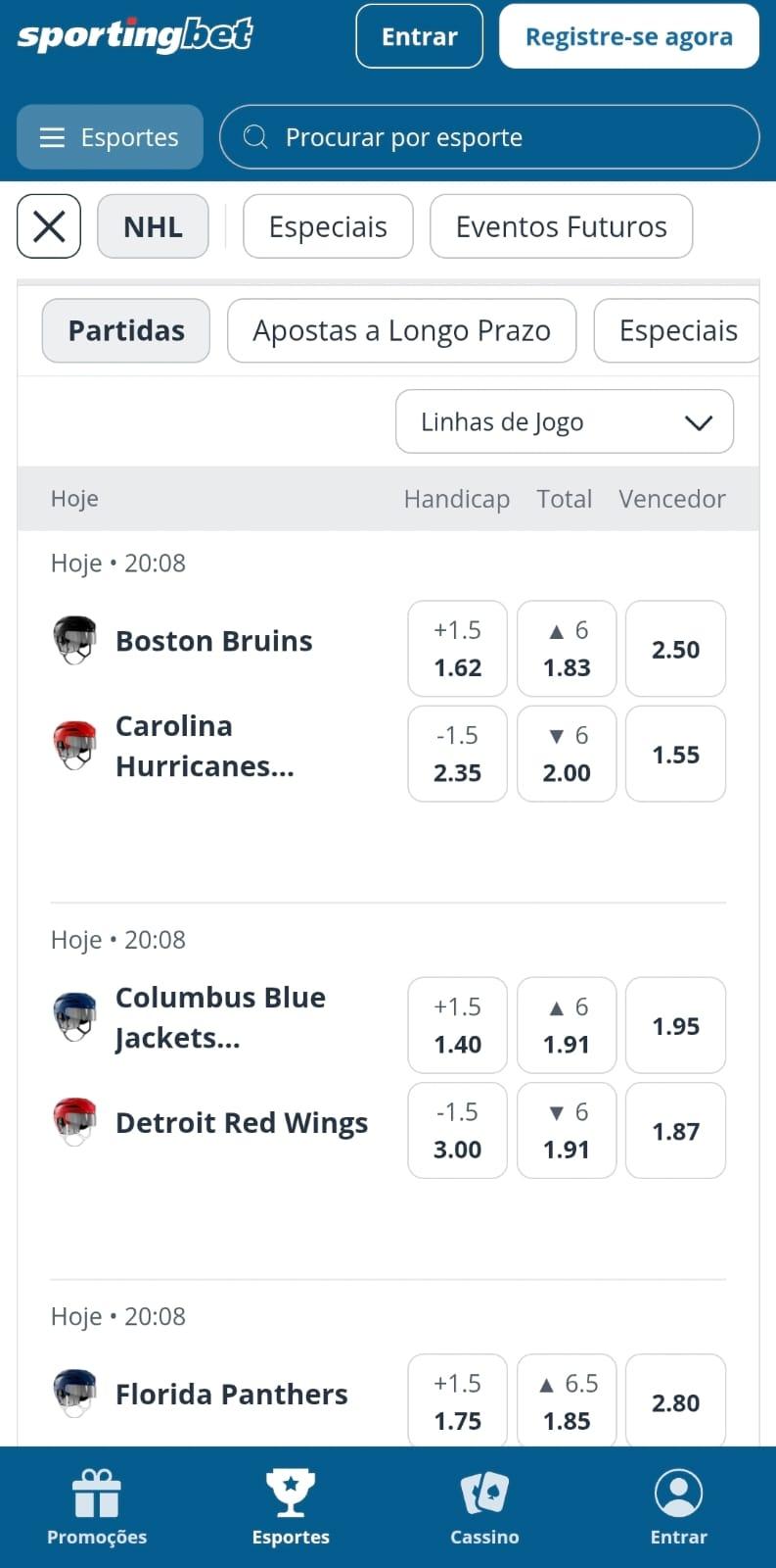 Captura de tela das partidas próximas para apostar na NHL na Sportingbet.