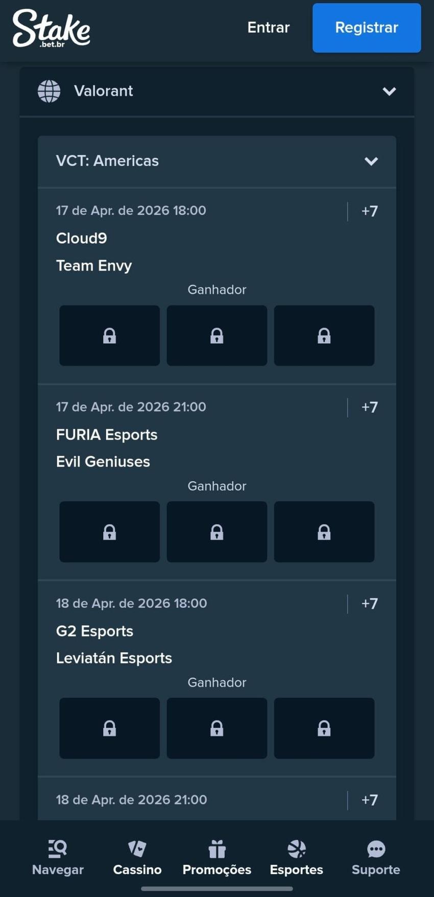 Captura de tela da Stake exibindo os jogos de apostas disponíveis no Valorant para o campeonato VCT Américas.