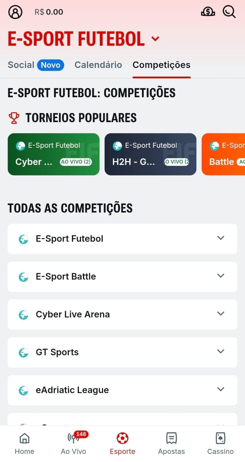 Captura de tela das competições disponíveis na Superbet para apostar em FIFA (e-sport futebol).