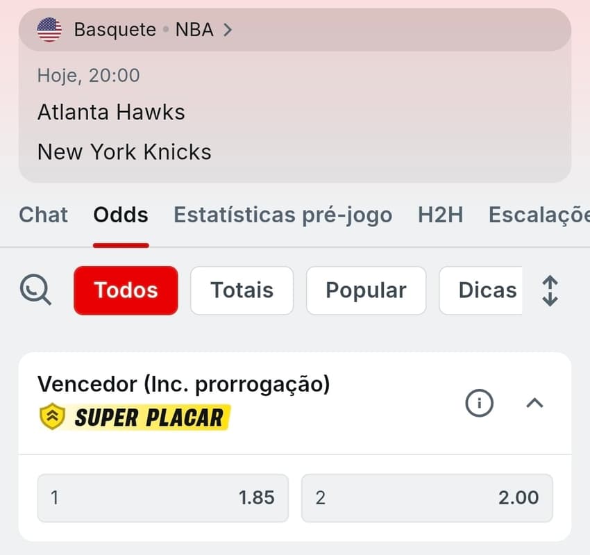Captura de tela da Superbet exibindo um jogo agendado de basquete com o mercado de Moneyline do tipo 2-Way.