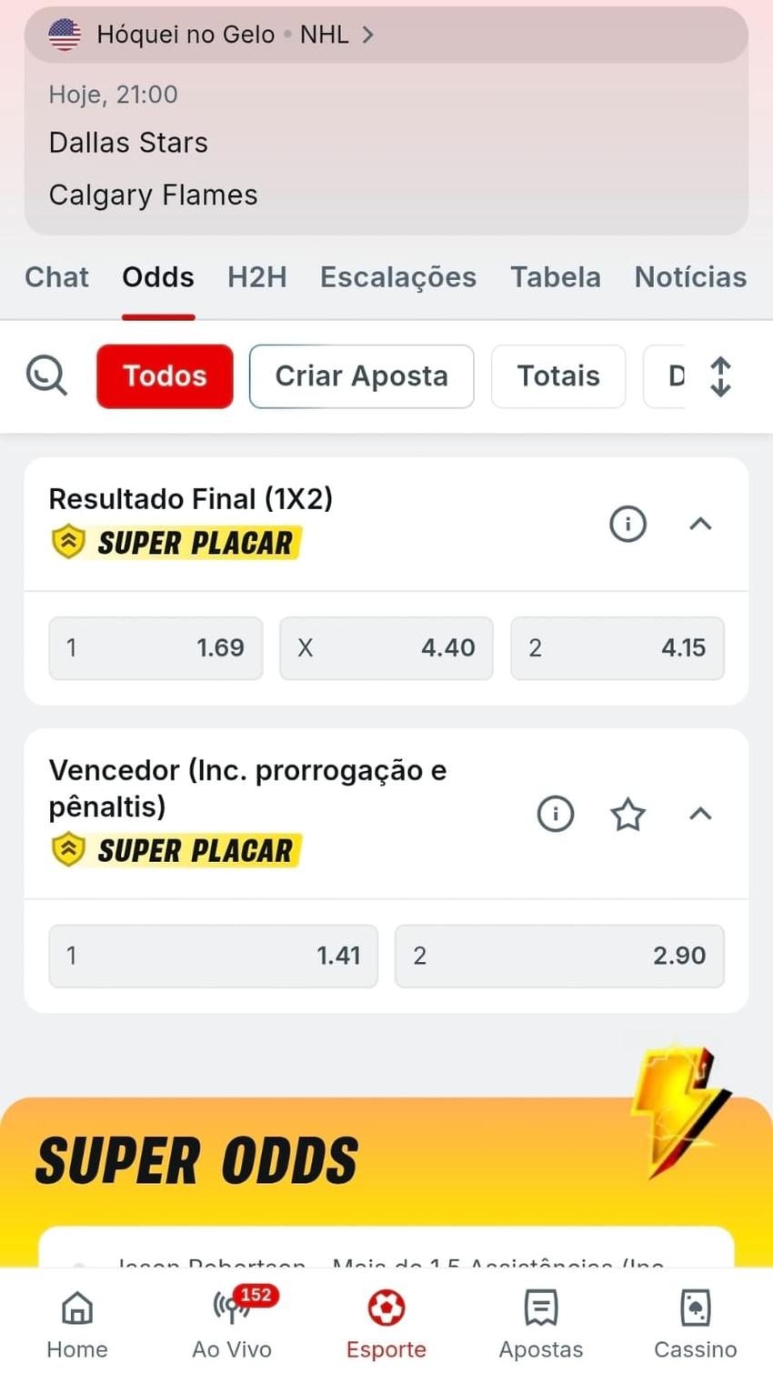 Captura de tela dos mercados de apostas para hóquei no gelo na Superbet, um dos melhores sites para a NHL.