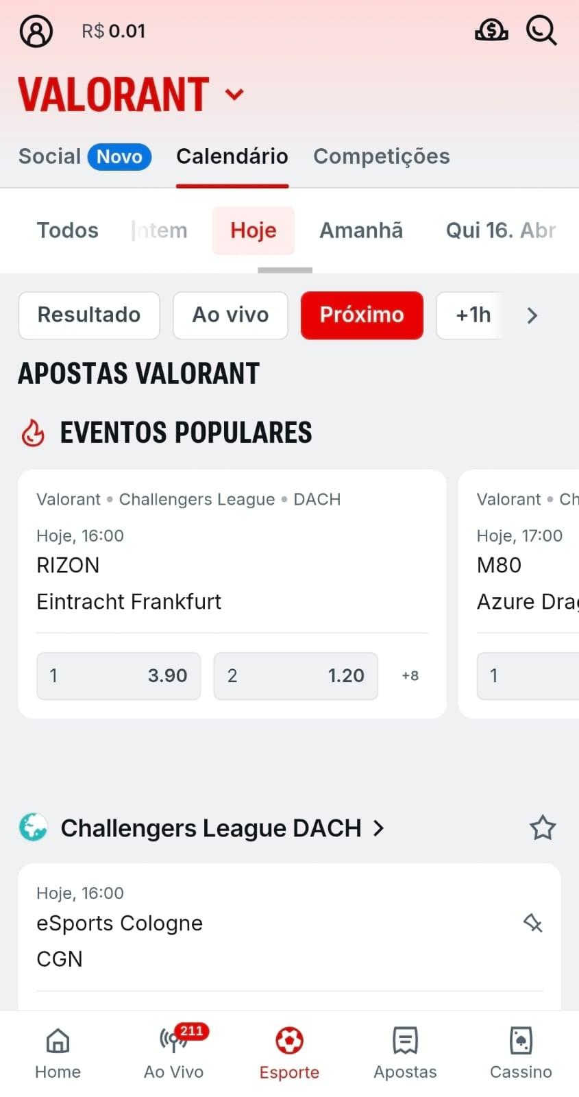 Captura de tela da seção de apostas em Valorant disponíveis na Superbet