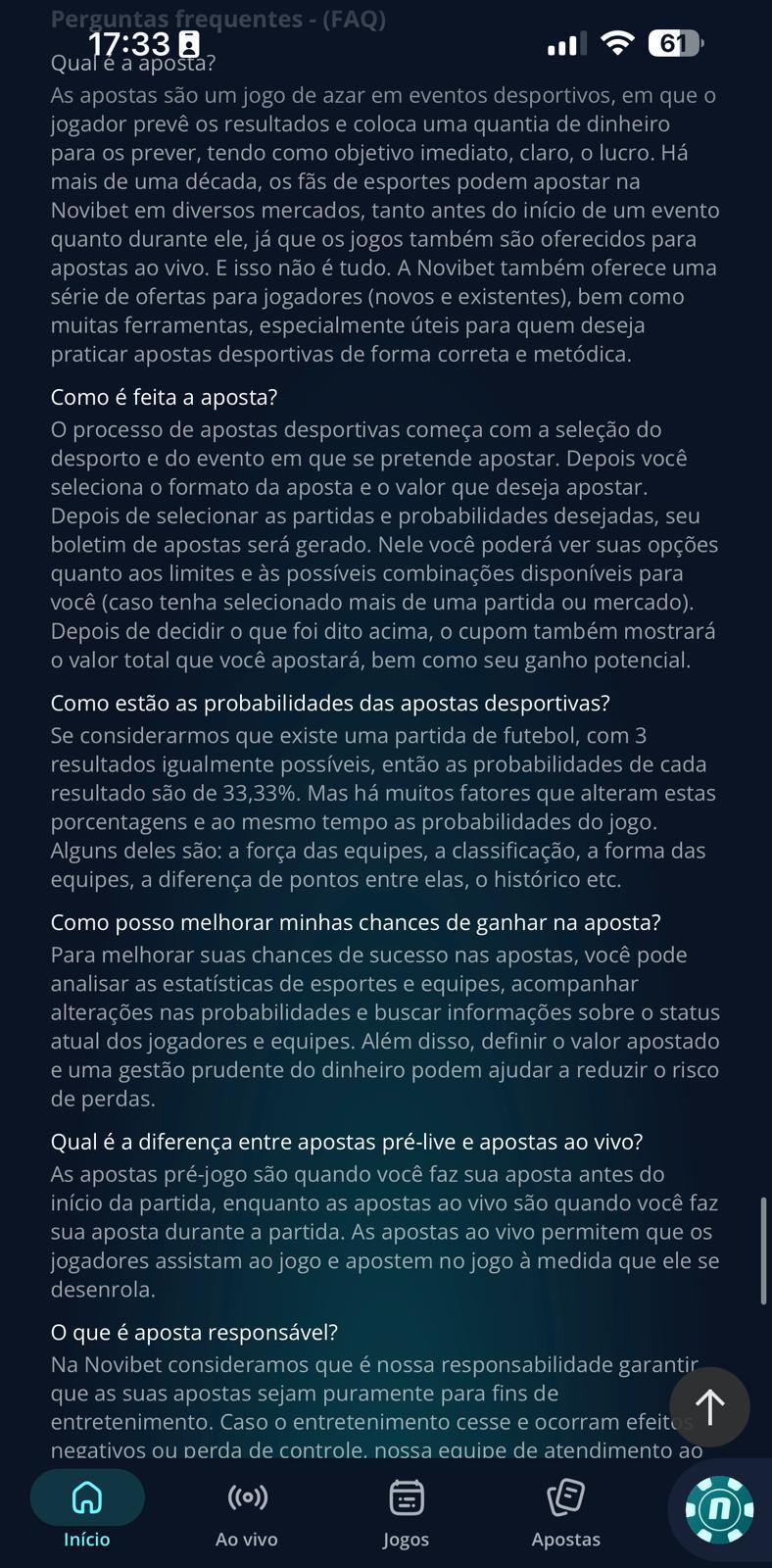 Captura de tela do suporte Novibet via FAQ.