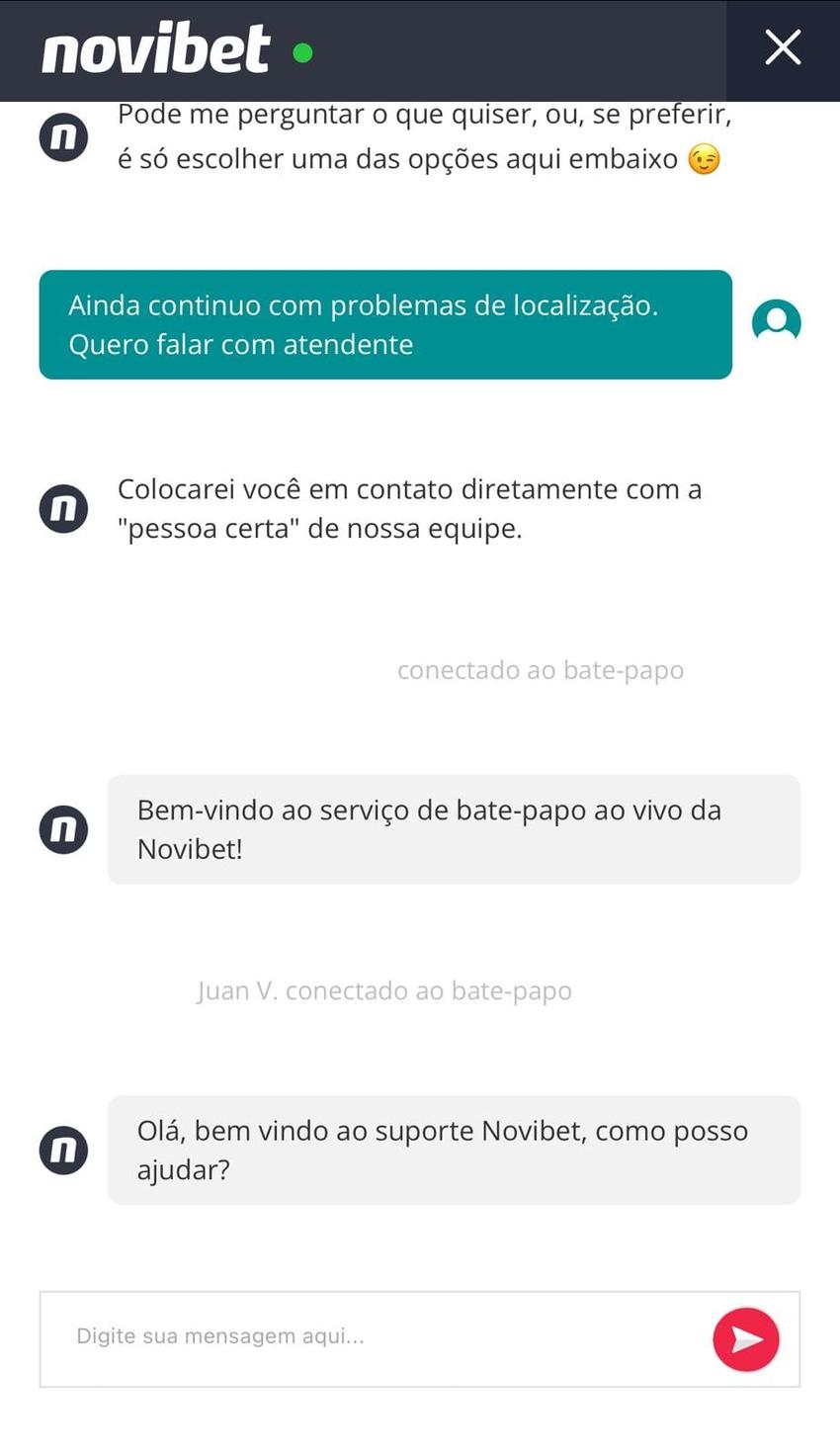 Captura de tela do suporte Novibet via chat ao vivo.