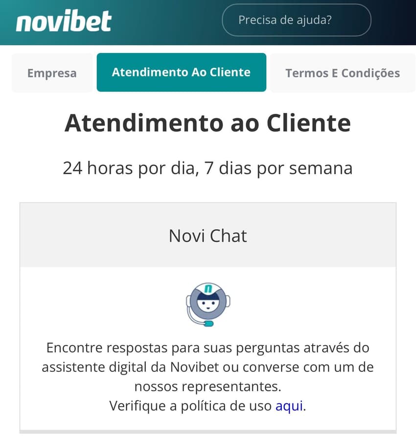 Captura de tela do suporte Novibet via Novi Chat.