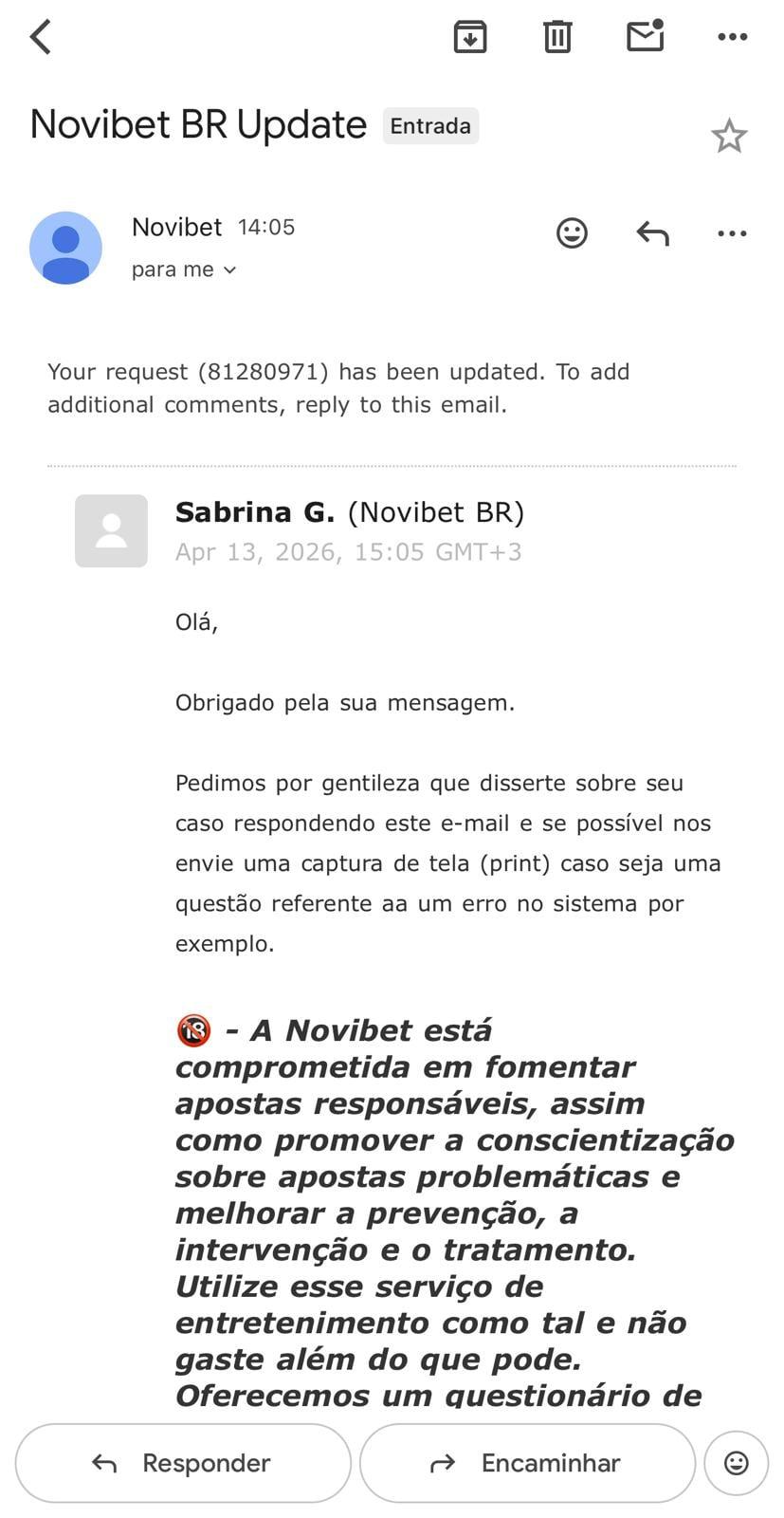 Captura da tela do suporte Novibet recebido via e-mail.