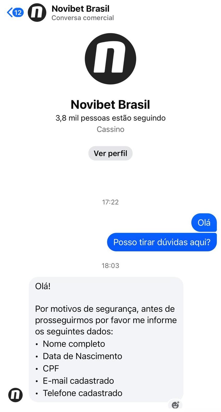 Captura de tela do suporte Novibet via Facebook Messenger.