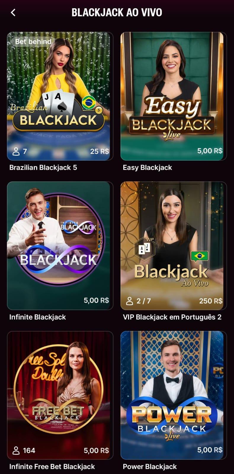 Captura de tela dos tipos de blackjack online