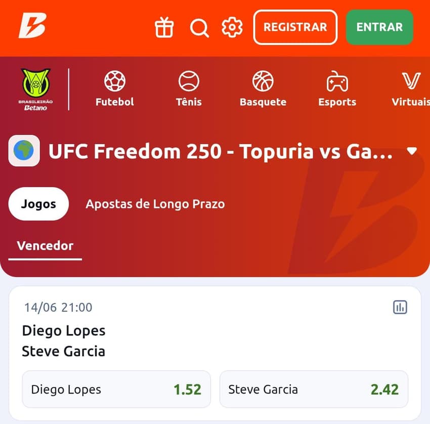 Captura de tela com aposta no UFC na Betano