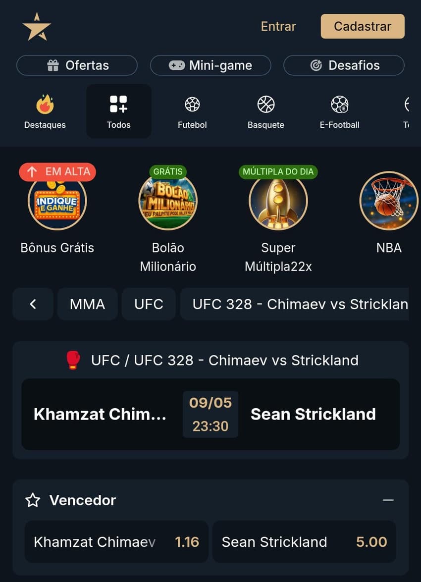 Captura de tela de aposta no UFC na Estrela Bet