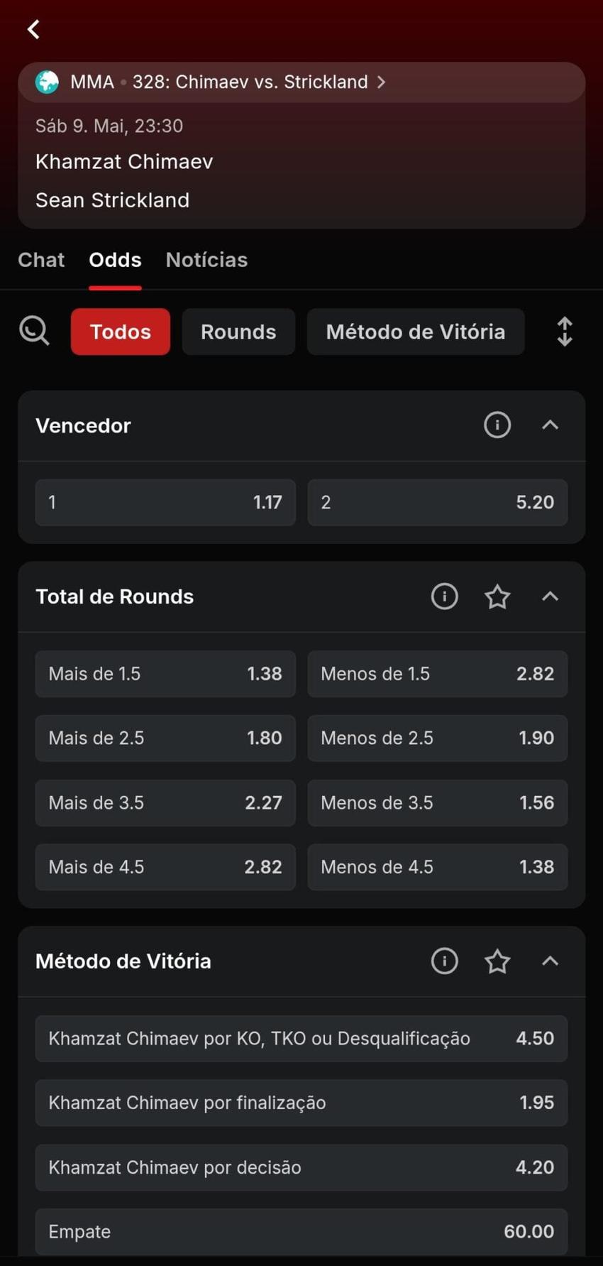 Captura de tela de apostas no UFC na Superbet
