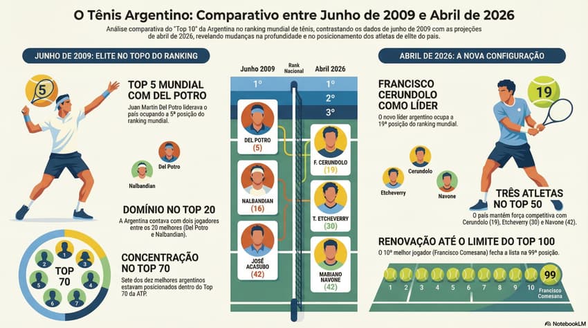 Gráfico mostra o top 10 da Argentina em junho de 2009 e em abril de 2026 (Reprodução)
