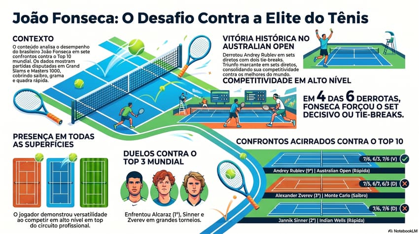 Gráfico mostra desempenho de João Fonseca contra tenistas do top 10 (Reprodução)