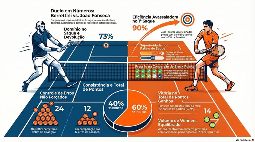 Gráfico mostra números da vitória de João Fonseca sobre Berrettini em Monte Carlo (Reprodução)