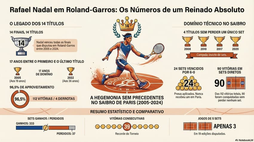 Gráfico mostra números da hegemonia de Rafael Nadal em Roland Garros (Reprodução)