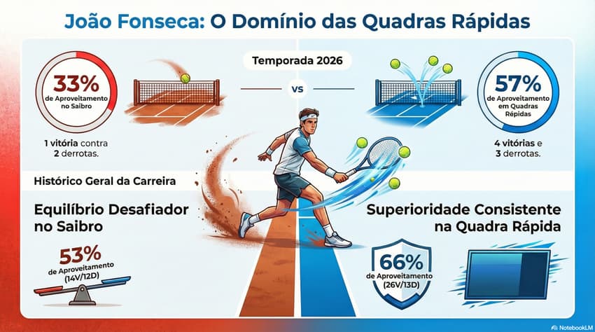 Gráfico mostra o aproveitamento de João Fonseca no saibro e na quadra rápida em 2026 e na carreira (Reprodução)