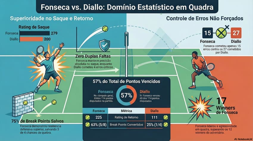 Gráfico mosra números da vitória de João Fonseca sobre Diallo na estreia em Monte Carlo (Reprodução)