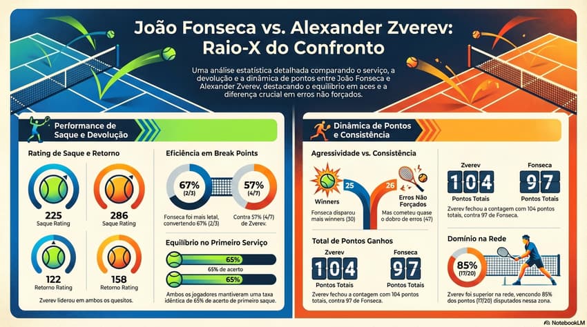 Gráfico mostra números do inédito duelo entre João Fonseca e Alexander Zverev (Reprodução)