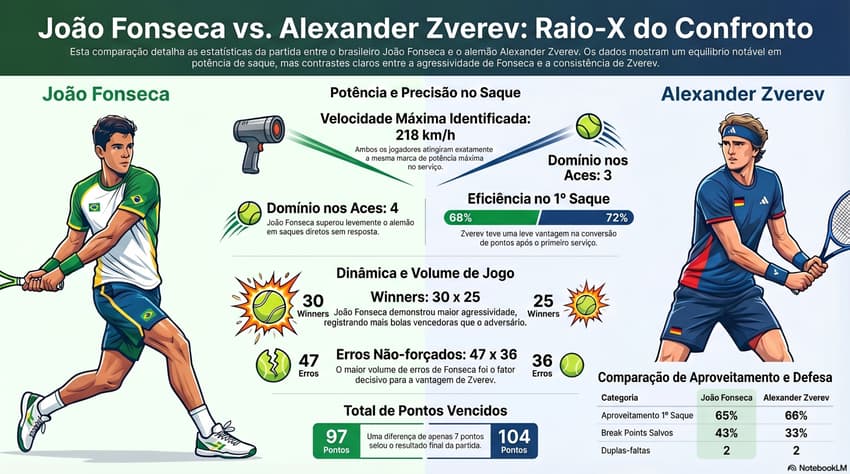 Gráfico mostra números do inédito duelo entre João Fonseca e Alexander Zverev (Reprodução)