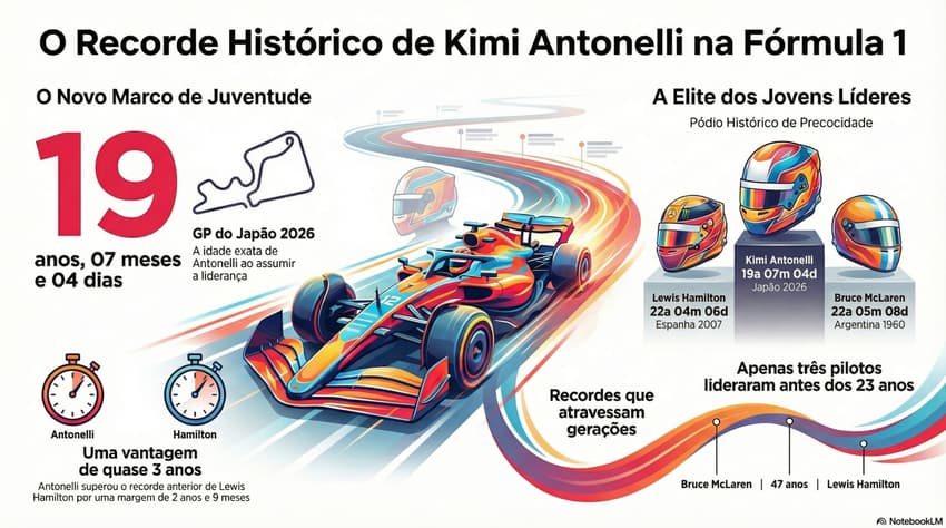 Gráfico mostra os mais jovens na história a liderar a Fórmula 1, com recorde de Kimi Antonelli (Reprodução)