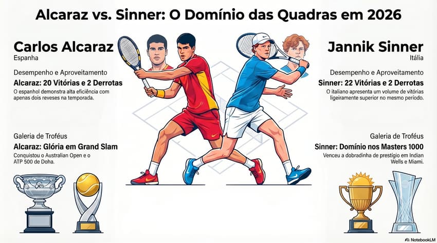 Gráfico mostra números de Alcaraz e Sinner em 2026 (Reprodução)