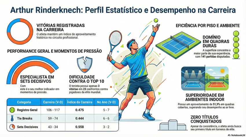 Gráfico mostra números da carreira do tenista francês Arthur Rinderknech, rival de João Fonseca (Reprodução)