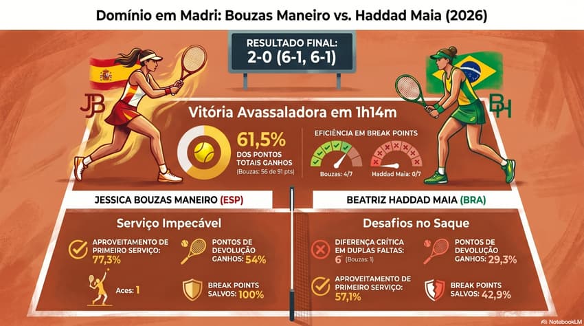 Gráfico mostra números da derrota de Bia Haddad para a espanhola Bouzas Maneiro em Madri (Reprodução)