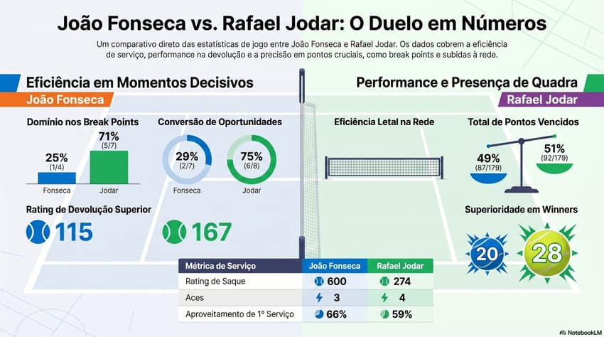 Gráfico mostra números da derrota de João Fonseca para Rafael Jodar em Madri (Reprodução)