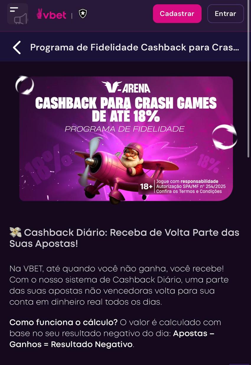 Captura de tela da promoção com cashbask em crash games na Vbet.