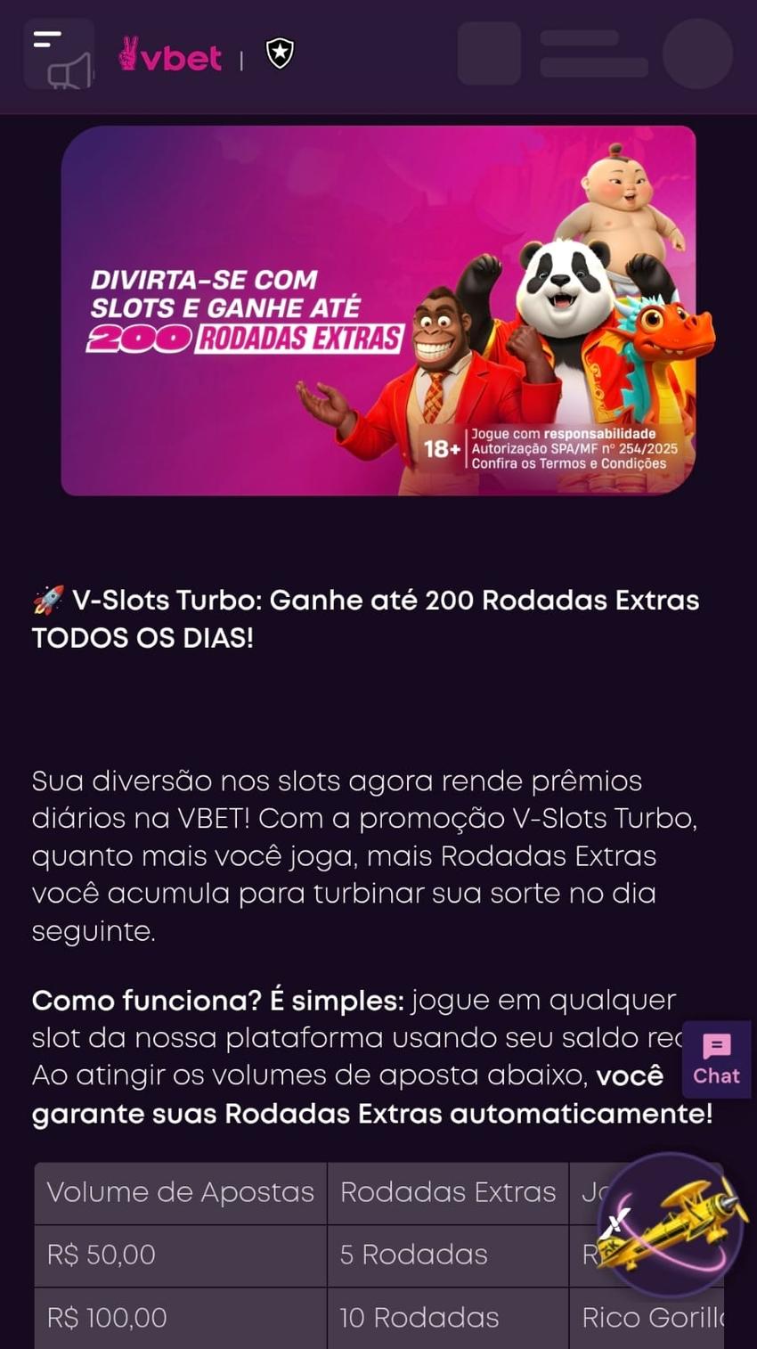 Captura de tela da Vbet exibindo a promoção V-slots Turbo com prêmios de até 200 rodadas grátis por dia.
