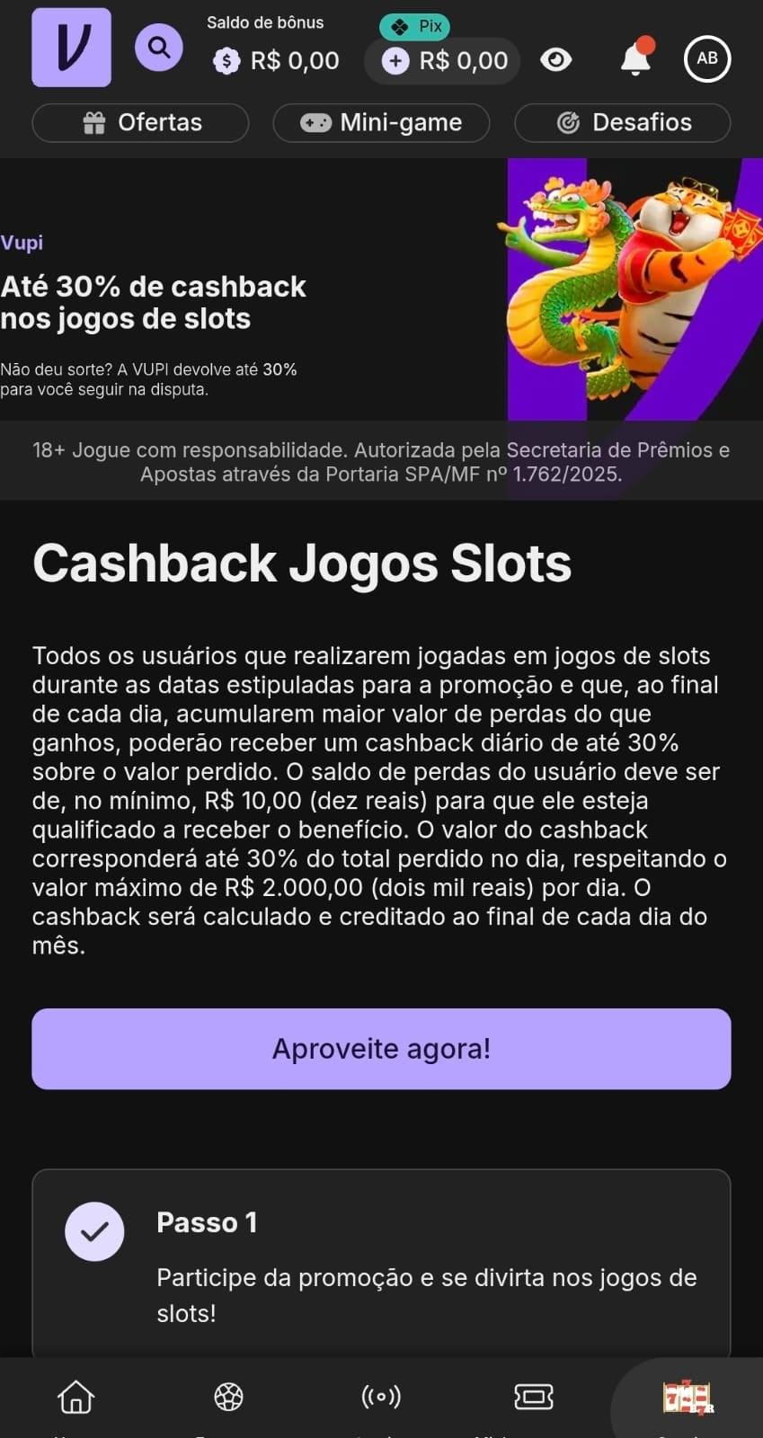 Captura de tela da Vupi exibindo o cashback de até 30% nos jogos slots do catálogo do novo cassino.