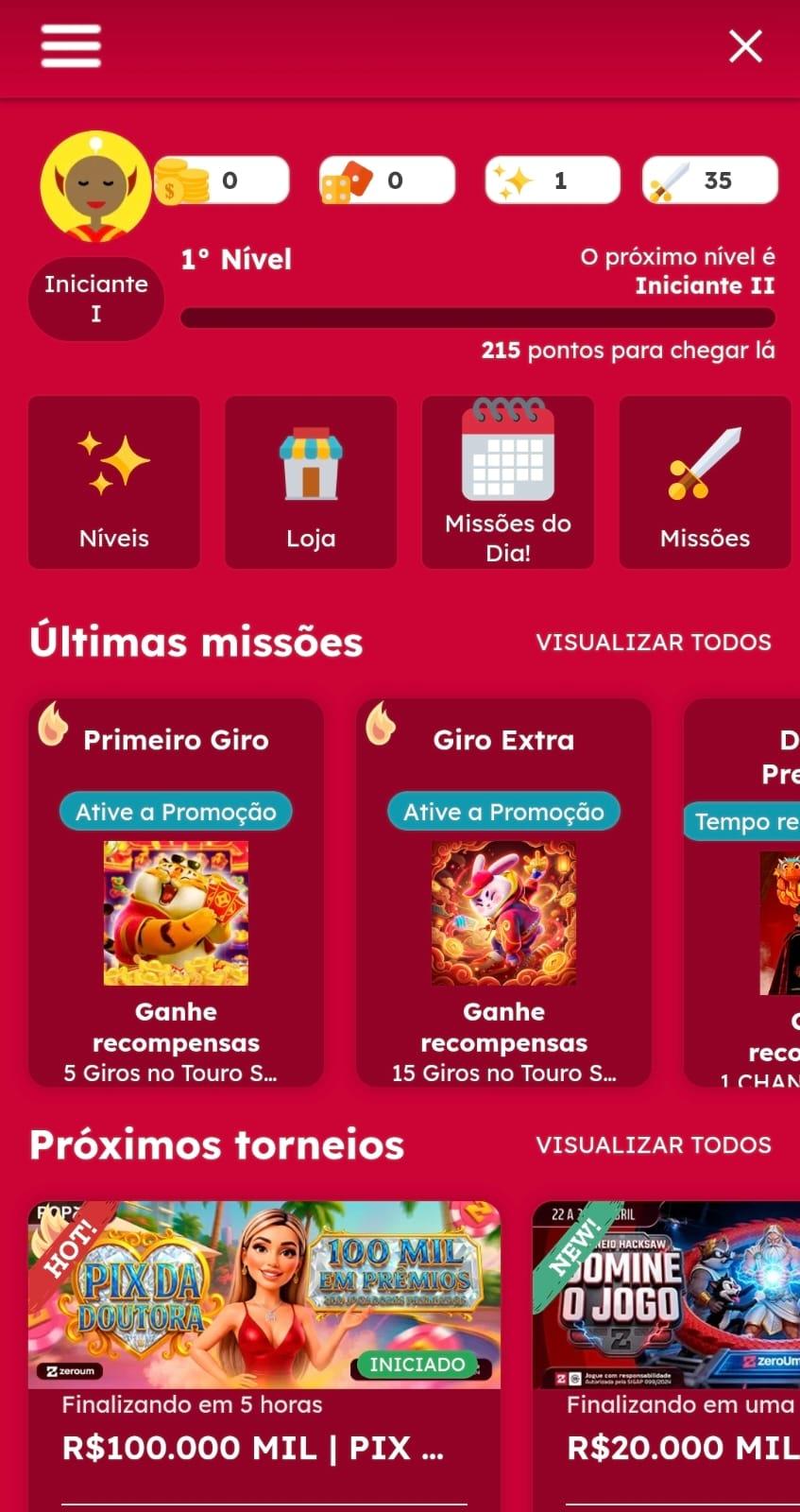 Captura de tela da casa de apostas Zeroum Bet mostrando a sua área de missões gamificadas com prêmios.