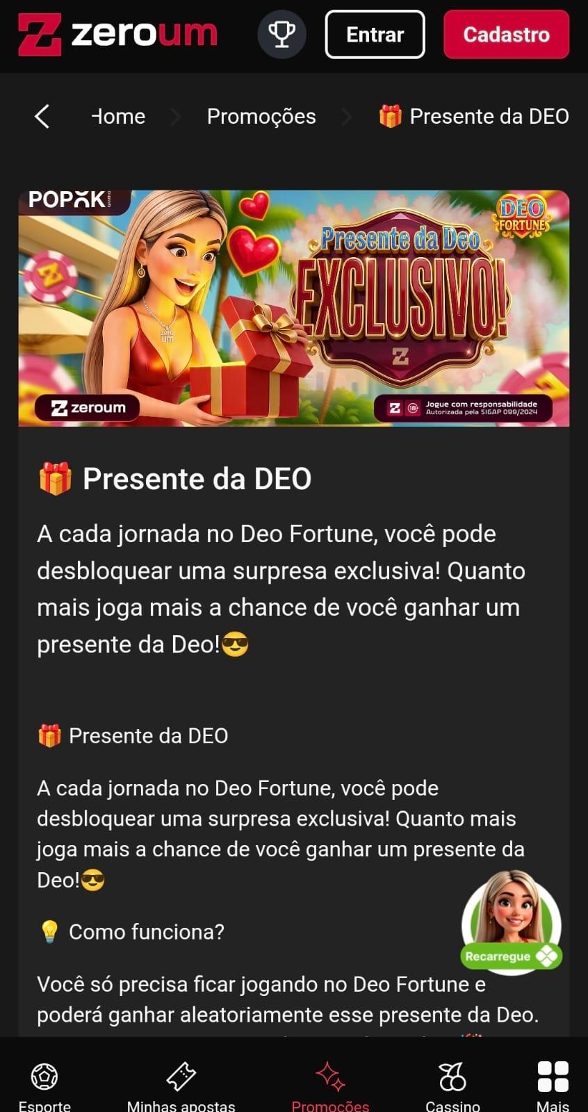 Captura de tela da Zeroum bet, um novo cassino online no Brasil exibindo a seção de promoções.