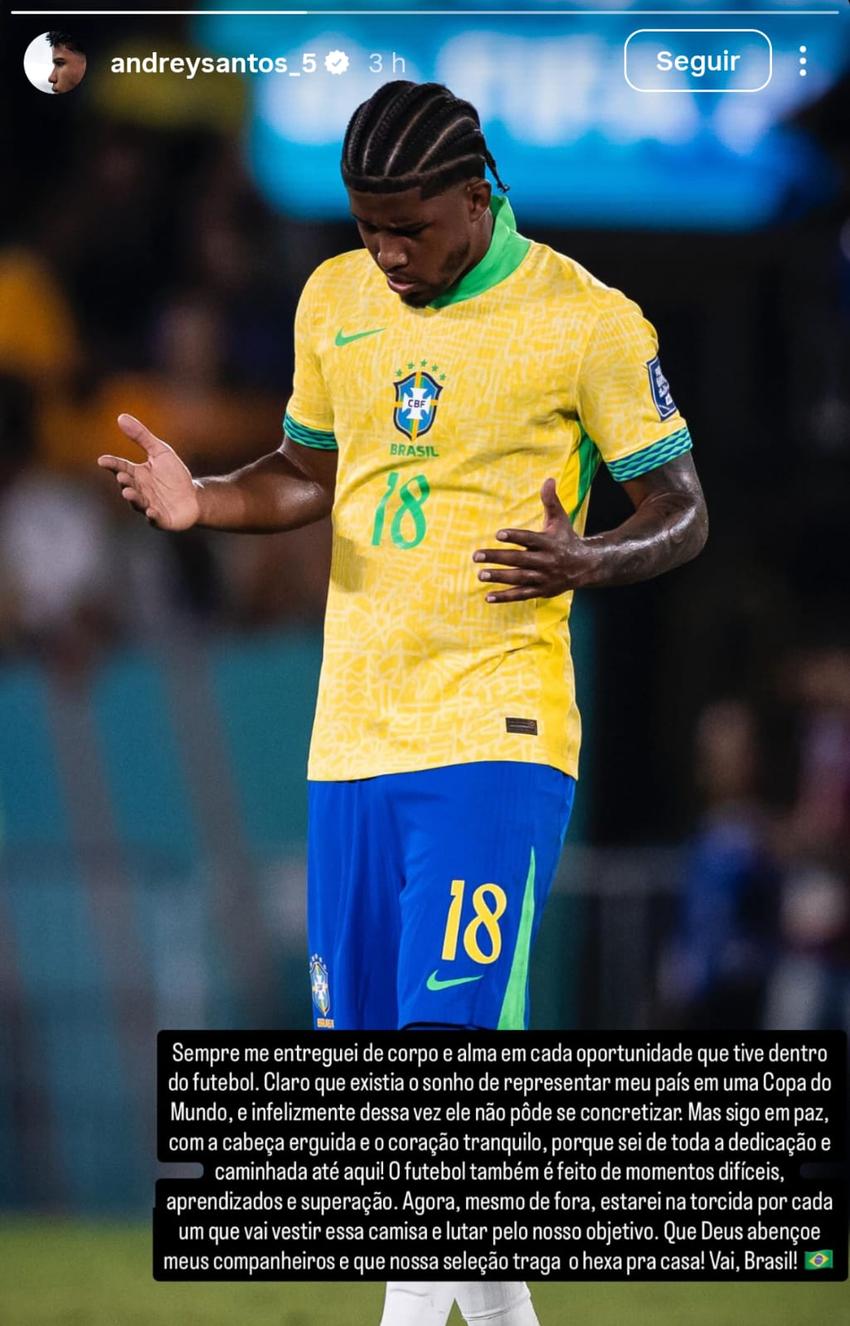 Andrey Santos se pronuncia sobre ausência na convocação nas redes sociais (Foto: Reprodução)
