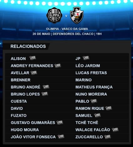 Relacionados do Vasco para enfrentar o Olimpia (Foto: Reprodução/Vasco)