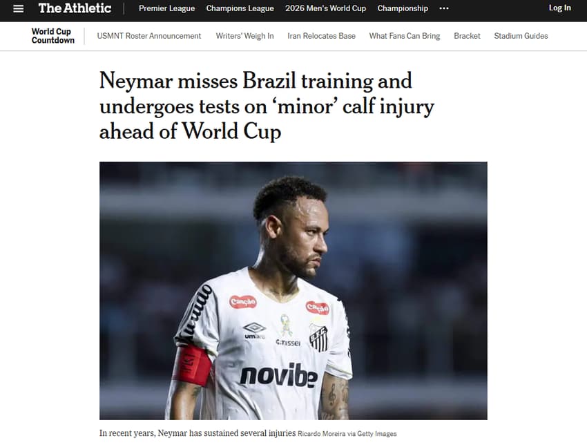 Capa do The Athletic sobre a lesão de Neymar: "Neymar desfalca o time da seleção brasileira e passa por exames devido a uma lesão "leve" na panturrilha, às vésperas da Copa do Mundo" (Foto: Reprodução)