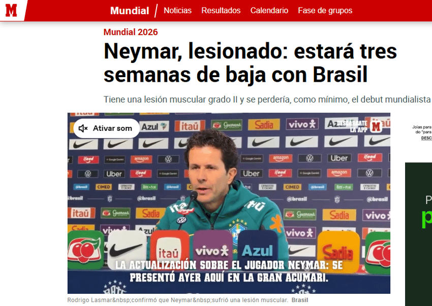 Capa do Marca para a lesão de Neymar: "Neymar lesionado: ficará afastado da seleção brasileira por três semanas" (Foto: Reprodução)