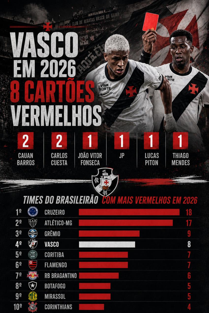 Vasco é o quarto time do Brasileirão com mais expulsões em 2026 (Foto: ChatGPT)