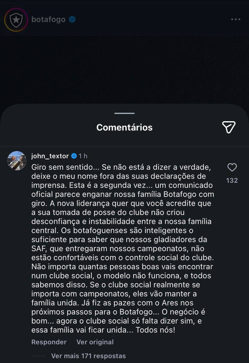 Comentário de Textor na nota oficial do Botafogo (Foto: Reprodução)