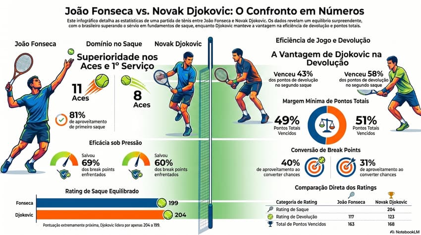 Gráfico mostra números da virada épica de João Fonseca sobre Novak Djokovic em Roland Garros (Reprodução)