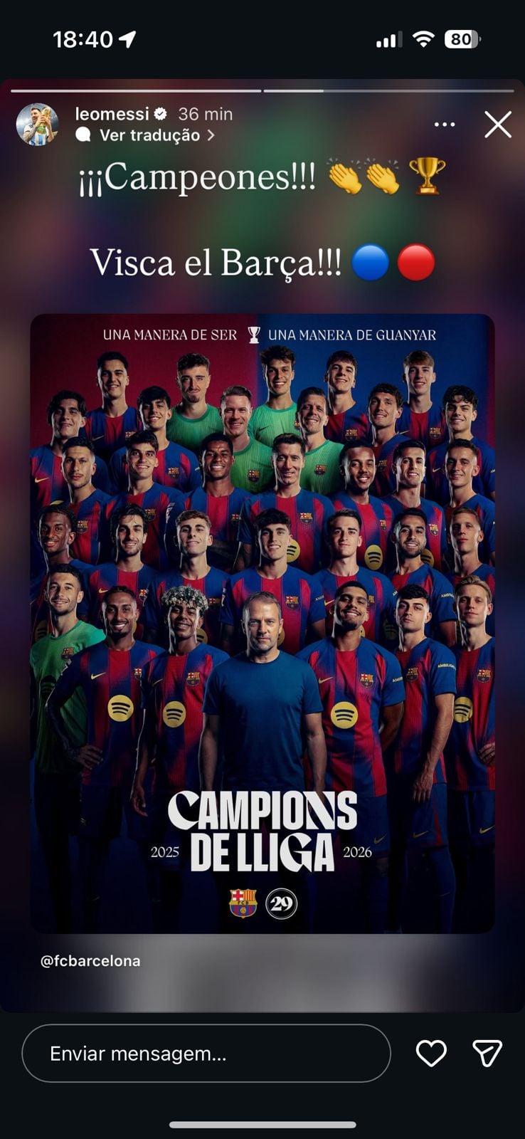 Messi comemora título do Barcelona em sua rede social. (Foto: Reprodução)