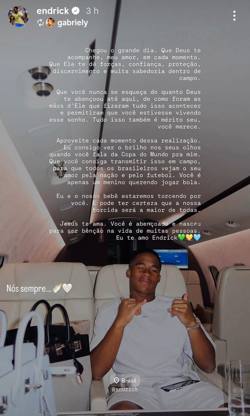 Esposa de Endrick se declara em rede social
