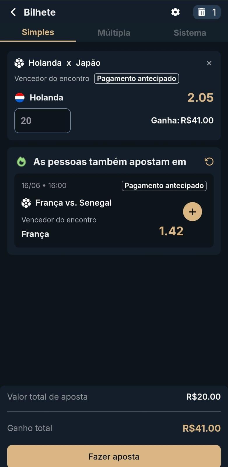 Captura de tela de um bilhete de apostas na Copa do Mundo na Estrela bet com o recurso pagamento antecipado.
