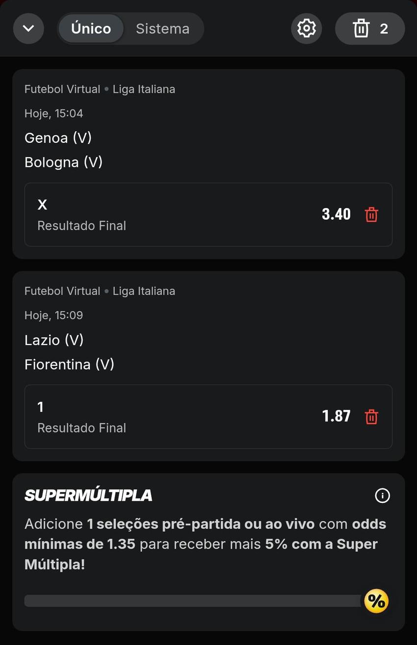 Captura de tela do cupom de aposta com futebol virtual da Superbet.
