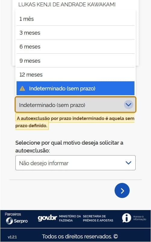 Captura de tela da ferramenta de autoexclusão do governo federal.