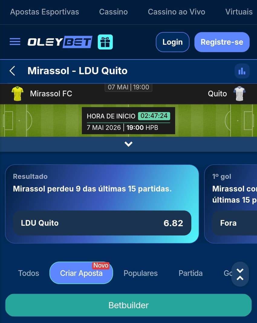 Captura de tela da Oleybet exibindo o recurso Bet Builder em um jogo pela Libertadores.
